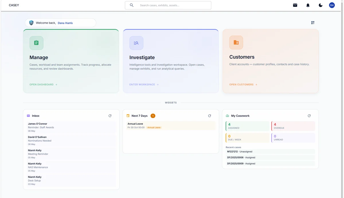 CASEY Cloud home page with Manage, Investigate and Customers, and widgets for the inbox, the next seven days and the user’s casework
