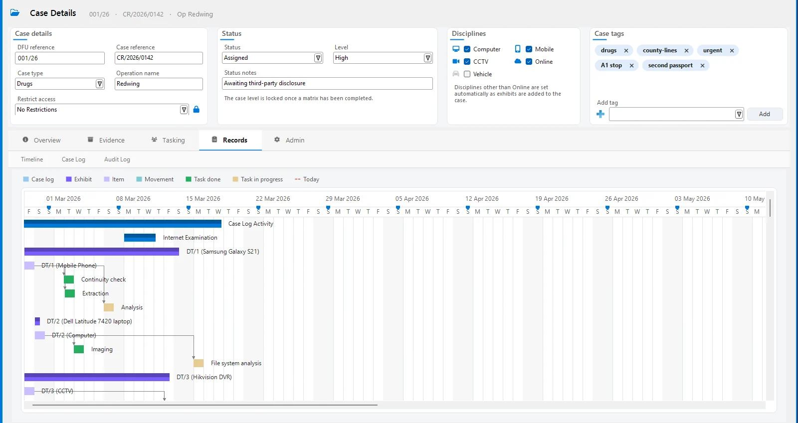 CASEY case details window with a timeline of case log activity, exhibits, items, movements and examination tasks